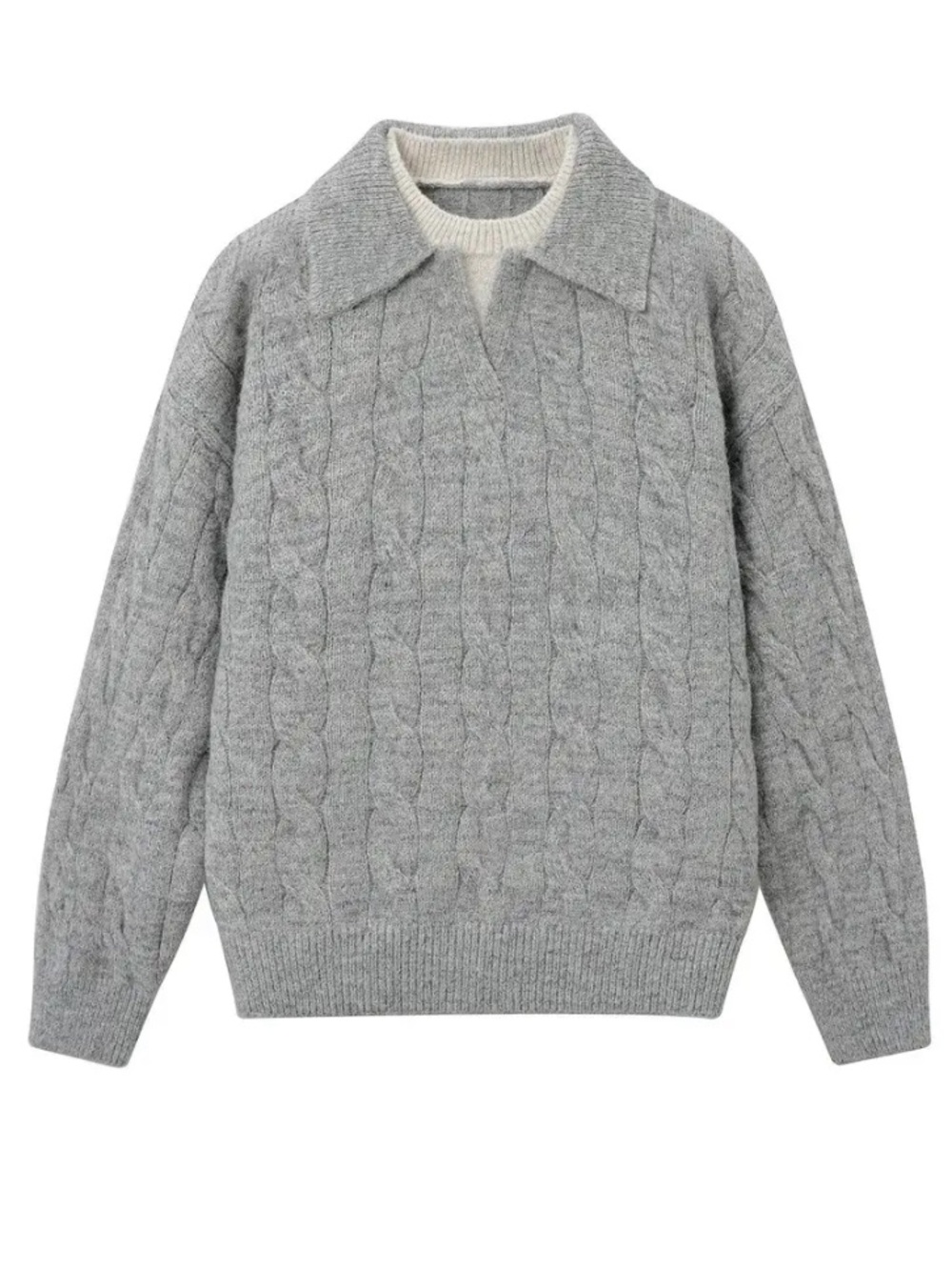 MO FANG Light Gray Cable-Knit Collared Sweater